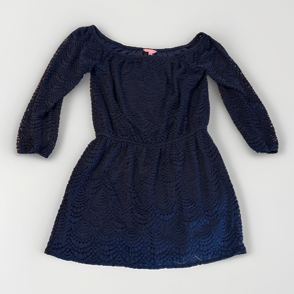Lilly Pulitzer Lana Lace Crochet Skort Romper Navy Blue Off The Shoulder M
